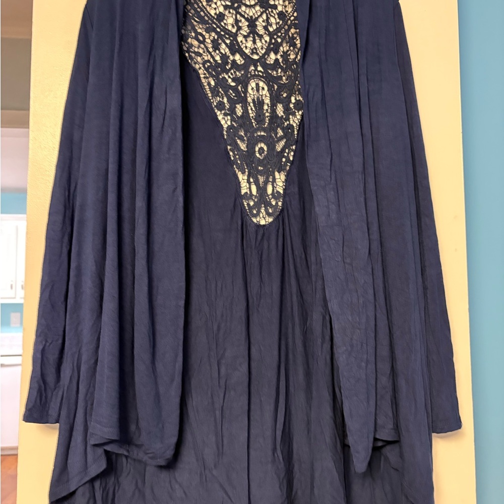 BloomChic Navy Long-Sleeve Cardigan with Lace back Detail 1X